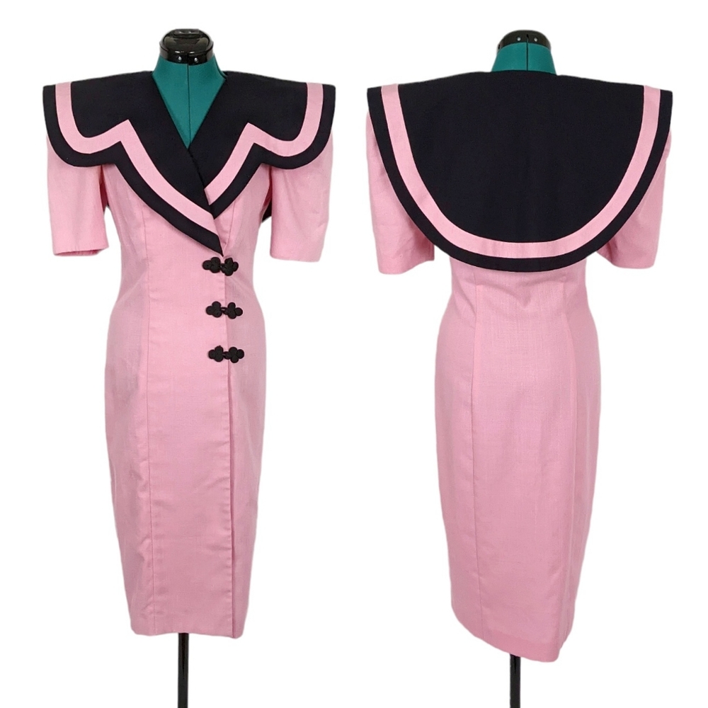 1980s Statement Sailor Sheath Dress Bold Shoulder Pads Ann Tobias 1990s Rare vtg - Picture 1 of 10